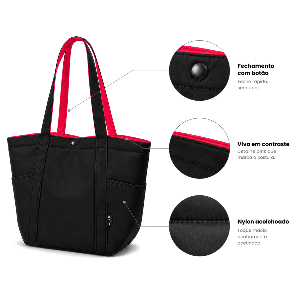 Tote Urban Preta - detalhes de acabamento